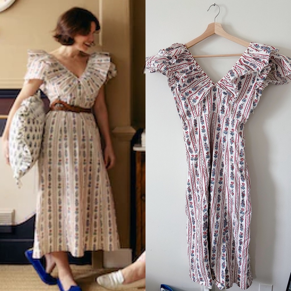 Daydress UK Blockprint Flutter Ruffle Neck Floral Blockprint Dress Sz S
